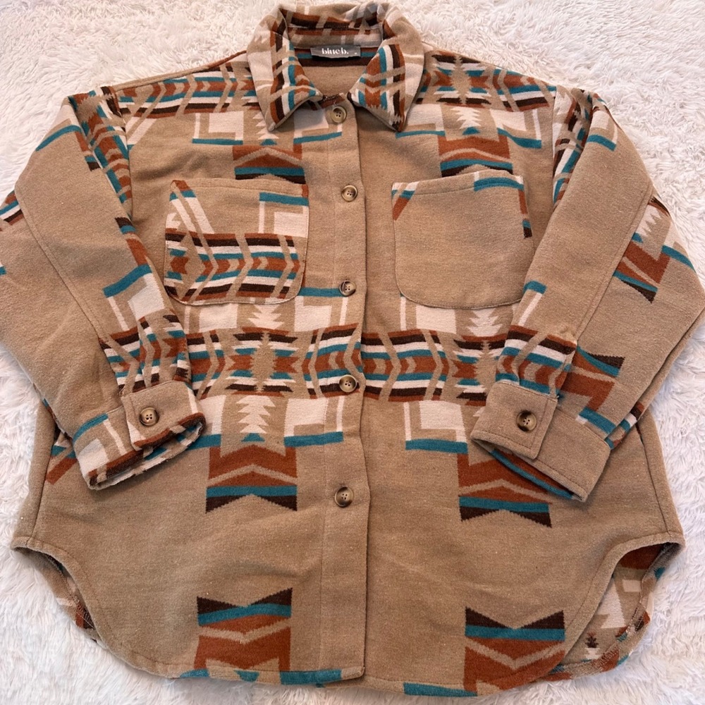 Blue B Collection Aztec‎ Print Shacket Tan Brown Rust Turquoise Medium pockets